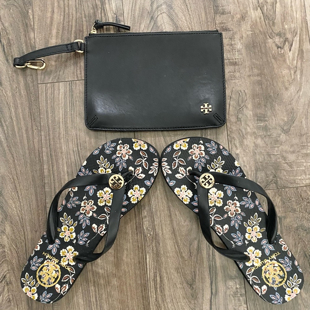 Tory Burch logo flip flop sandals and clutch coin purse